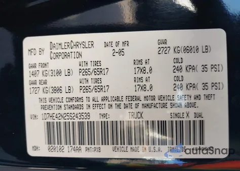 2005 Dodge Dakota Slt z USA, uszkodzony, nr VIN 1D7HE42N25S243539